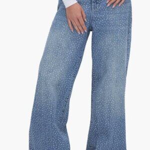 Good American Good Ease Crystal Embellished Wide Leg Jeans Sz 8 NEW